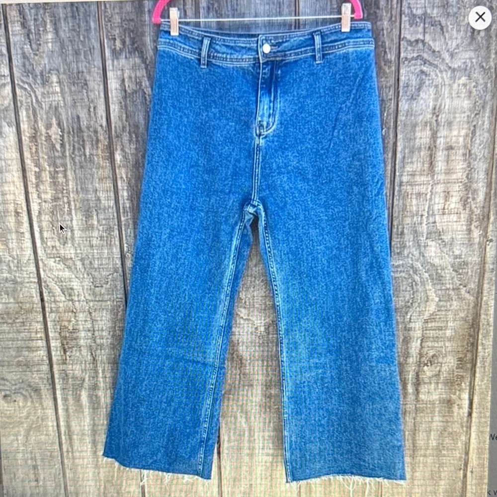 Cupshe Woman’s XL Classic Blue Wide-Leg Denim Jeans Raw Hem Stretchy Comfy Fit